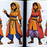 **

Prompt: A vibrant, colorful spread from the "Hallo Jadoo" artbook, showcasing the evolution of Jadoo's character design. Include early sketches alongside her final, familiar look. Manga and Anime influences subtly visible. Focus on the details of her clothing and expressive facial expressions. Background should hint at the show's world.

**