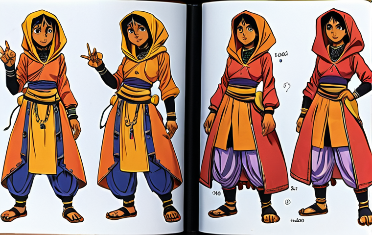 **
Prompt: A vibrant, colorful spread from the "Hallo Jadoo" artbook, showcasing the evolution of Jadoo's character design. Include early sketches alongside her final, familiar look. Manga and Anime influences subtly visible. Focus on the details of her clothing and expressive facial expressions. Background should hint at the show's world.
**