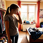 **Image:** A stressed teenager in their room, surrounded by clothes, posters, and school books, arguing on the phone. Sunlight streams in through a window, illuminating dust motes in the air. The room reflects a mix of personal interests and typical teenage clutter.
    **Prompt:** Stressed teenager arguing on phone in messy, personalized bedroom.