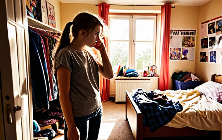 **Image:** A stressed teenager in their room, surrounded by clothes, posters, and school books, arguing on the phone. Sunlight streams in through a window, illuminating dust motes in the air. The room reflects a mix of personal interests and typical teenage clutter.
**Prompt:** Stressed teenager arguing on phone in messy, personalized bedroom.