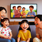 A multi-generational German family, including a child (5-8 years old), a parent (30-40 years old), and a grandparent (60-70 years old), happily co-viewing a vibrant, warm Korean-style animated series reminiscent of 'Hallo Jadoo' on a large TV screen in a cozy, modern German living room. They are laughing and smiling, sharing a joyful, comfortable moment together. The animation on screen depicts cheerful, cute characters engaged in everyday, humorous family situations. Soft, inviting lighting.