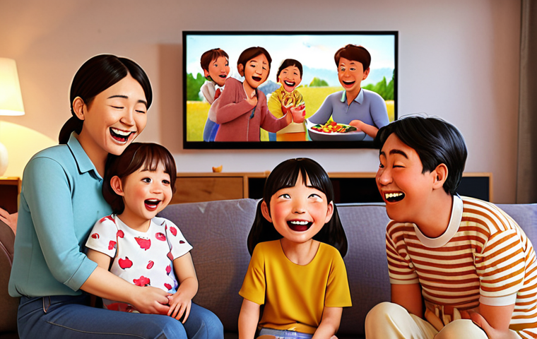 A multi-generational German family, including a child (5-8 years old), a parent (30-40 years old), and a grandparent (60-70 years old), happily co-viewing a vibrant, warm Korean-style animated series reminiscent of 'Hallo Jadoo' on a large TV screen in a cozy, modern German living room. They are laughing and smiling, sharing a joyful, comfortable moment together. The animation on screen depicts cheerful, cute characters engaged in everyday, humorous family situations. Soft, inviting lighting.