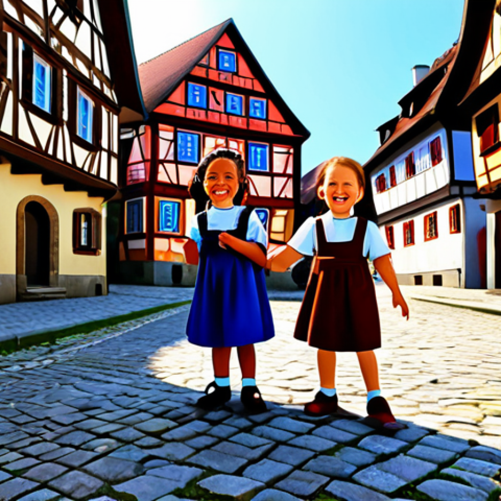**

"A vibrant and colorful animation still featuring a group of diverse, fully clothed children (Jadu and her friends) playing together in a traditional German village setting. The architecture includes half-timbered houses and cobblestone streets. The children are laughing and engaged in a friendly game. Bright sunlight, cheerful atmosphere, family-friendly, safe for work, appropriate content, perfect anatomy, natural proportions, well-formed hands, proper finger count, modest clothing, professional animation style."

**