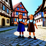 **

"A vibrant and colorful animation still featuring a group of diverse, fully clothed children (Jadu and her friends) playing together in a traditional German village setting. The architecture includes half-timbered houses and cobblestone streets. The children are laughing and engaged in a friendly game. Bright sunlight, cheerful atmosphere, family-friendly, safe for work, appropriate content, perfect anatomy, natural proportions, well-formed hands, proper finger count, modest clothing, professional animation style."

**