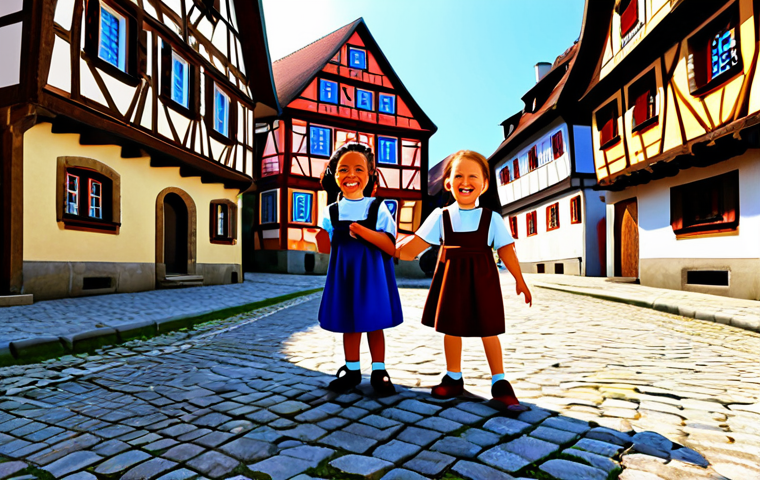 **
"A vibrant and colorful animation still featuring a group of diverse, fully clothed children (Jadu and her friends) playing together in a traditional German village setting. The architecture includes half-timbered houses and cobblestone streets. The children are laughing and engaged in a friendly game. Bright sunlight, cheerful atmosphere, family-friendly, safe for work, appropriate content, perfect anatomy, natural proportions, well-formed hands, proper finger count, modest clothing, professional animation style."
**