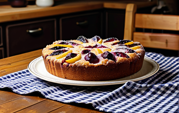Zwetschgenkuchen (Plum Cake)**
"A delicious Zwetschgenkuchen (plum cake) with streusel topping, sitting on a checkered tablecloth in a cozy German kitchen. The cake is freshly baked with visible juicy plums. Background includes rustic wooden table and traditional German pottery. Professional food photography, high detail, warm lighting, safe for work, appropriate content, fully clothed, family-friendly, perfect anatomy, natural proportions."
**