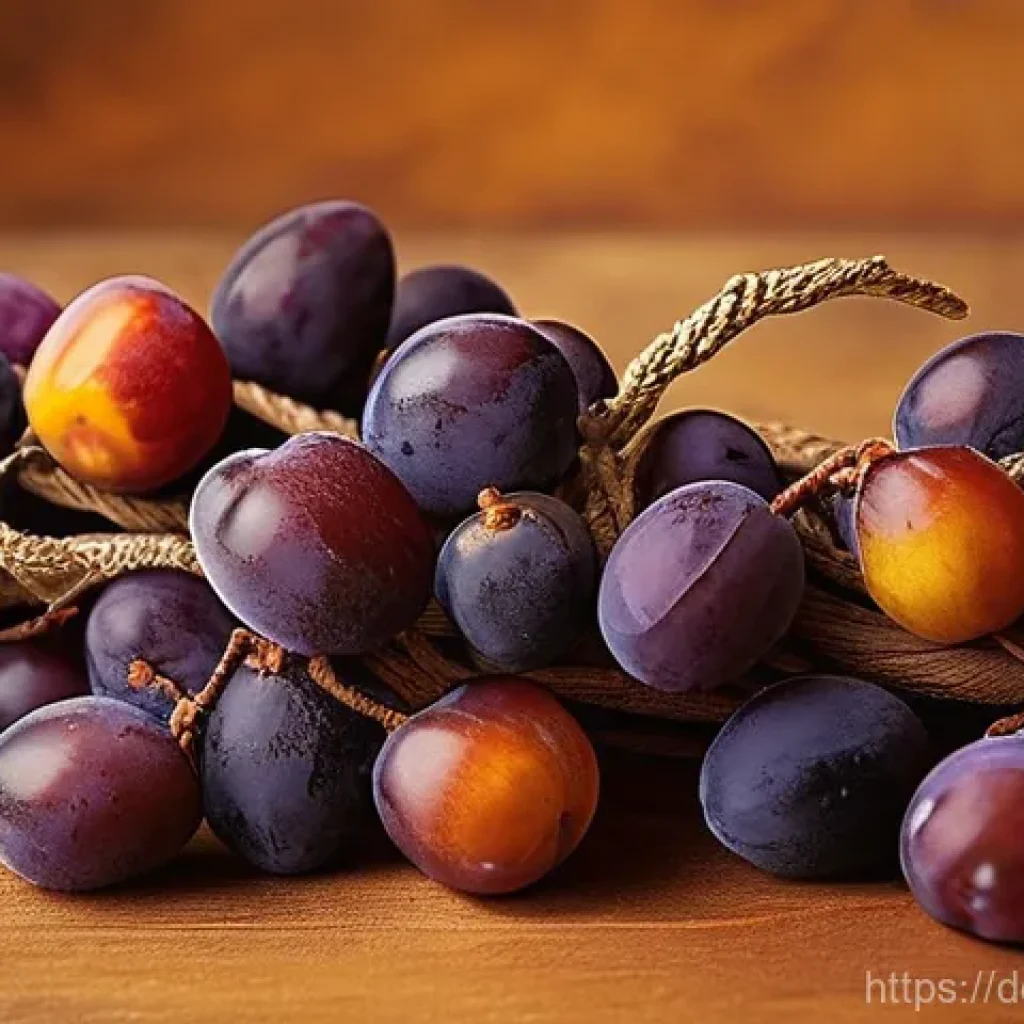 자두를 모티브로 한 팬 창작물 - **A Rustic Plum Garland:** A close-up shot of a charming, handcrafted garland made from thinly slice...