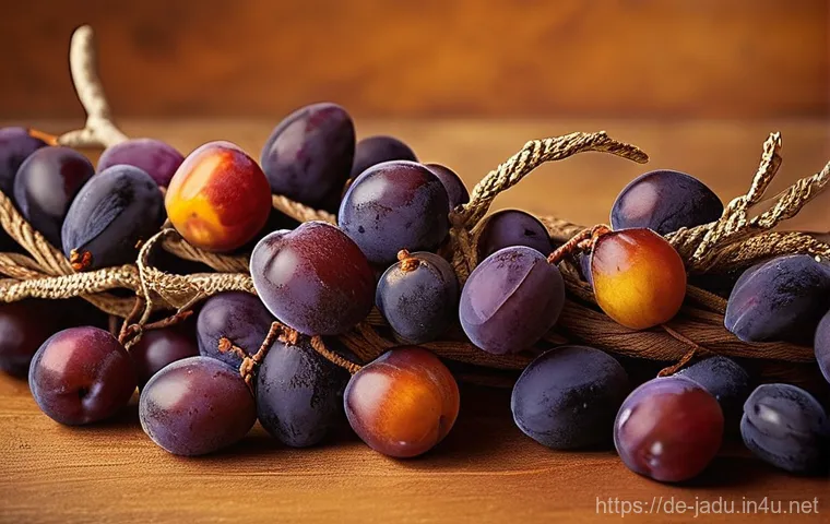 자두를 모티브로 한 팬 창작물 - **A Rustic Plum Garland:** A close-up shot of a charming, handcrafted garland made from thinly slice...