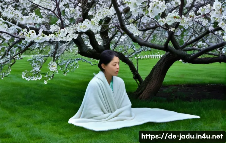 자두의 특이한 행동과 이유 - **Prompt:** A serene, early morning garden scene depicting a small, blossoming plum tree carefully c...