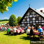 자두와 주변 인물 간의 관계 - A lively traditional German plum festival in a quaint rural village setting during late summer, feat...