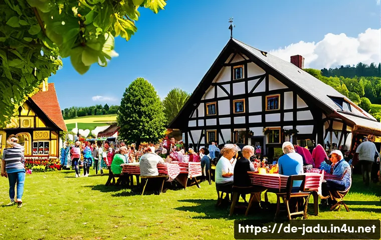 자두와 주변 인물 간의 관계 - A lively traditional German plum festival in a quaint rural village setting during late summer, feat...