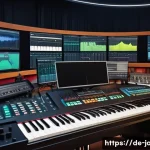 안녕자두야 OST 소개 - A vibrant animation studio scene showing a diverse group of composers and musicians collaborating on...