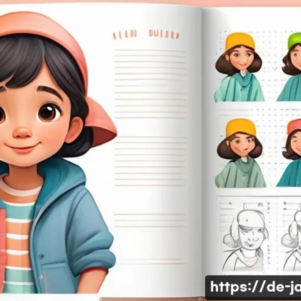 안녕자두야 캐릭터의 성장 과정 - A charming, childlike cartoon character sketchbook page featuring early concept art with simple, cle...