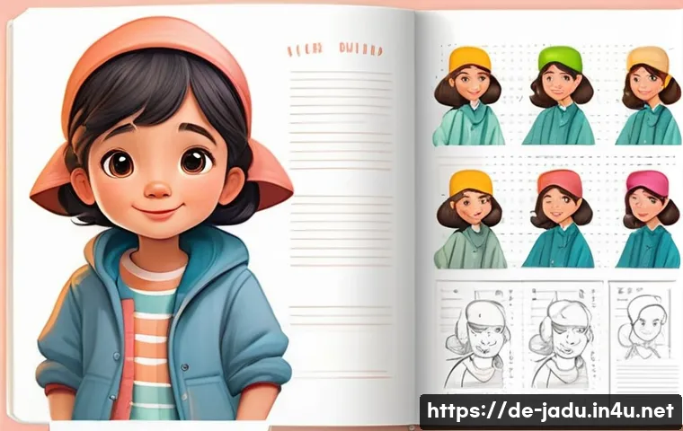 안녕자두야 캐릭터의 성장 과정 - A charming, childlike cartoon character sketchbook page featuring early concept art with simple, cle...