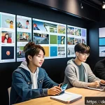 안녕자두야 팬 커뮤니티 소개 - A vibrant online community scene showing diverse groups of people engaging in various interactive ac...