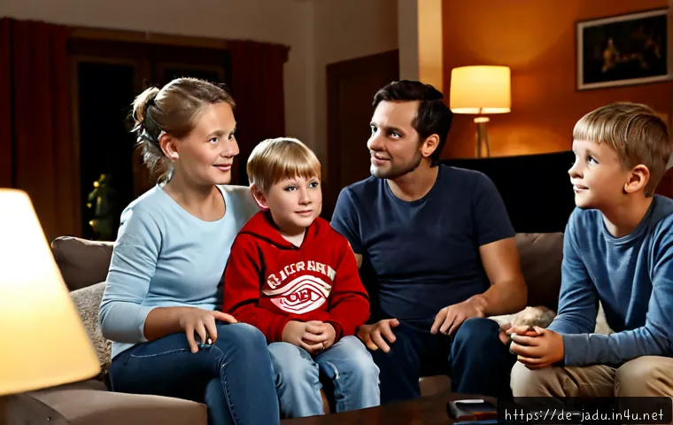 안녕자두야의 영향력 있는 에피소드 - Photorealistic German family in a cozy living room discussing a meaningful children’s animated story...