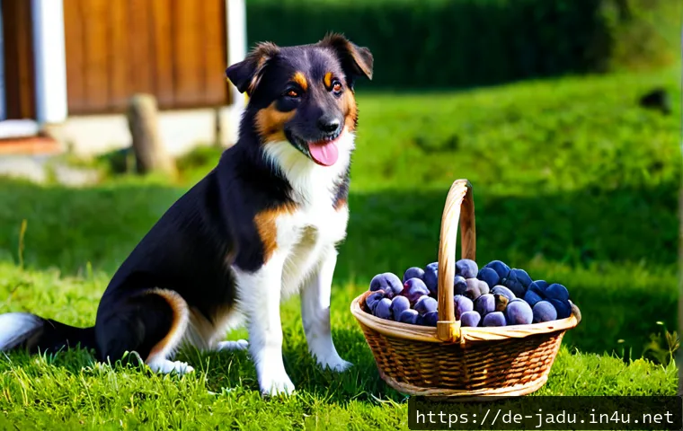 자두와 강아지 뭉치 이야기 - Photorealistic heartwarming scene of a cheerful small mixed-breed dog named Munch sitting beside a r...